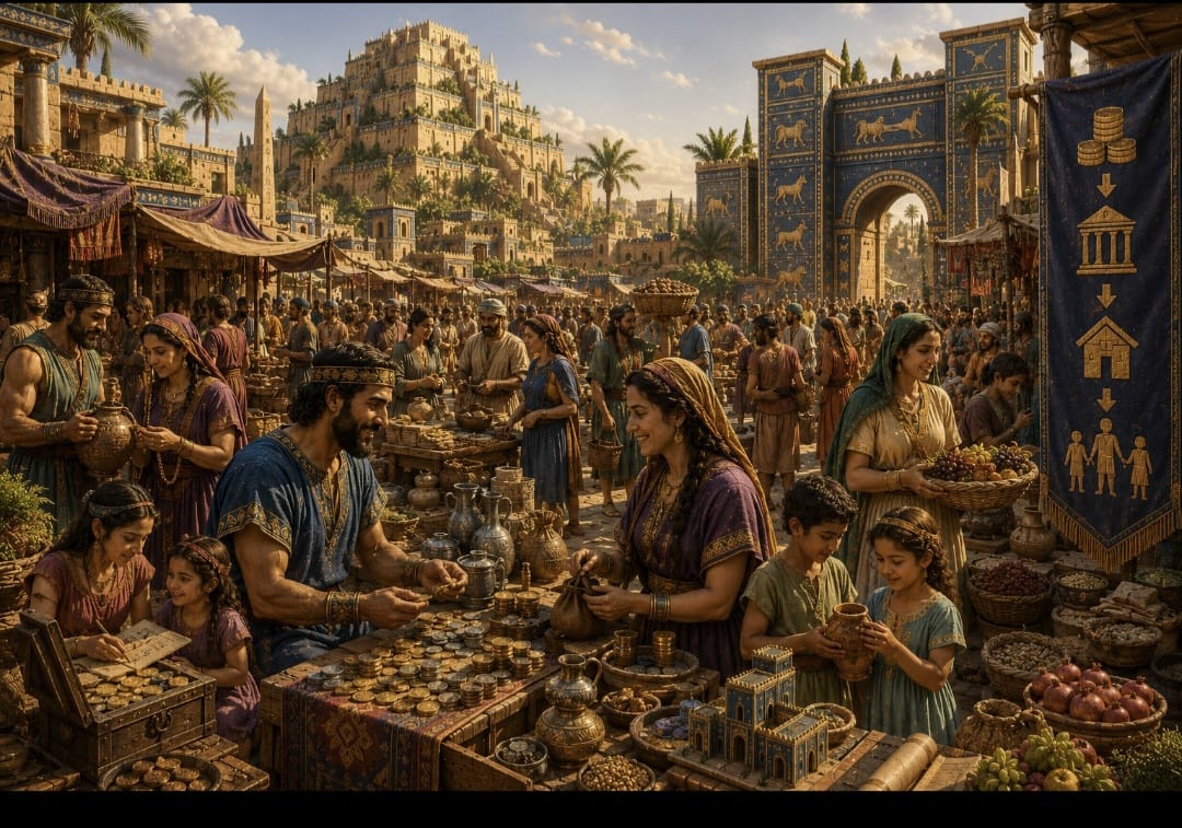 שוק בבבל העתיקה, סוחרים ומשפחות מסחרים בזהב ובסחורות מול שער עיר