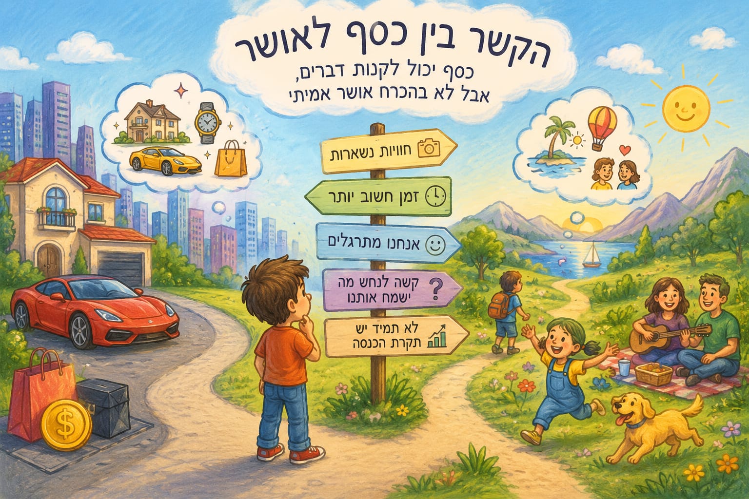ילד עומד בצומת דרכים בין חפצים לחוויות, כסף ואושר
