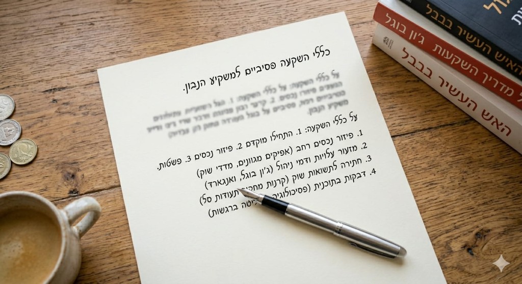 כללי השקעה פסיביים — שולחן עבודה עם עט, מטבעות וספרים